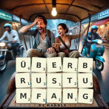 Kreative Illustration für ein Scrabble-Spiel, bei dem das Wort ÜBERBRUSTUMFANG mit Steinen auf dem Brett gelegt wurde.