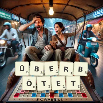 Kreative Illustration für ein Scrabble-Spiel, bei dem das Wort ÜBERBÖTET mit Steinen auf dem Brett gelegt wurde.
