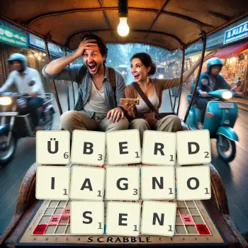 Kreative Illustration für ein Scrabble-Spiel, bei dem das Wort ÜBERDIAGNOSEN mit Steinen auf dem Brett gelegt wurde.