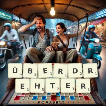 Kreative Illustration für ein Scrabble-Spiel, bei dem das Wort ÜBERDREHTER mit Steinen auf dem Brett gelegt wurde.