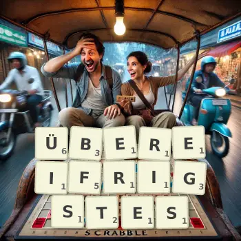 Kreative Illustration für ein Scrabble-Spiel, bei dem das Wort ÜBEREIFRIGSTES mit Steinen auf dem Brett gelegt wurde.