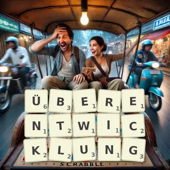 Kreative Illustration für ein Scrabble-Spiel, bei dem das Wort ÜBERENTWICKLUNG mit Steinen auf dem Brett gelegt wurde.