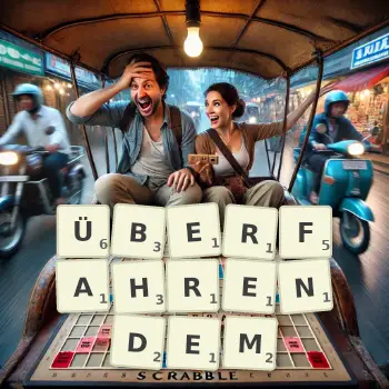 Kreative Illustration für ein Scrabble-Spiel, bei dem das Wort ÜBERFAHRENDEM mit Steinen auf dem Brett gelegt wurde.