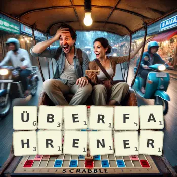 Kreative Illustration für ein Scrabble-Spiel, bei dem das Wort ÜBERFAHRENER mit Steinen auf dem Brett gelegt wurde.