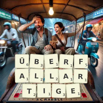Kreative Illustration für ein Scrabble-Spiel, bei dem das Wort ÜBERFALLARTIGE mit Steinen auf dem Brett gelegt wurde.