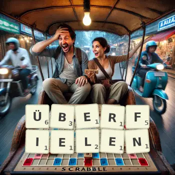 Kreative Illustration für ein Scrabble-Spiel, bei dem das Wort ÜBERFIELEN mit Steinen auf dem Brett gelegt wurde.