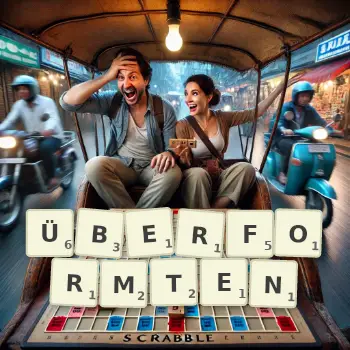 Kreative Illustration für ein Scrabble-Spiel, bei dem das Wort ÜBERFORMTEN mit Steinen auf dem Brett gelegt wurde.