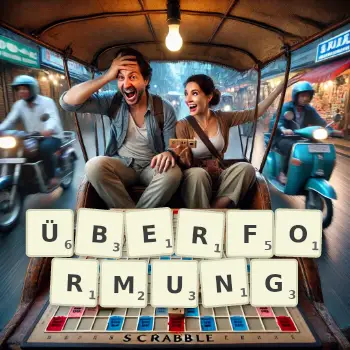 Kreative Illustration für ein Scrabble-Spiel, bei dem das Wort ÜBERFORMUNG mit Steinen auf dem Brett gelegt wurde.