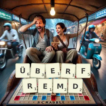 Kreative Illustration für ein Scrabble-Spiel, bei dem das Wort ÜBERFREMD mit Steinen auf dem Brett gelegt wurde.