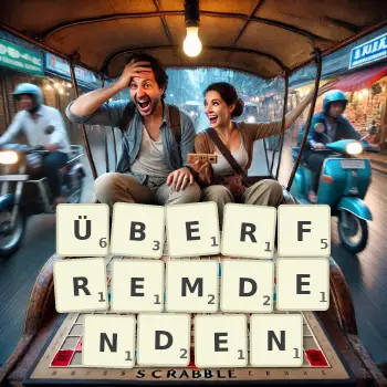 Kreative Illustration für ein Scrabble-Spiel, bei dem das Wort ÜBERFREMDENDEN mit Steinen auf dem Brett gelegt wurde.