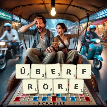Kreative Illustration für ein Scrabble-Spiel, bei dem das Wort ÜBERFRÖRE mit Steinen auf dem Brett gelegt wurde.