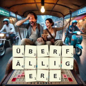 Kreative Illustration für ein Scrabble-Spiel, bei dem das Wort ÜBERFÄLLIGERE mit Steinen auf dem Brett gelegt wurde.