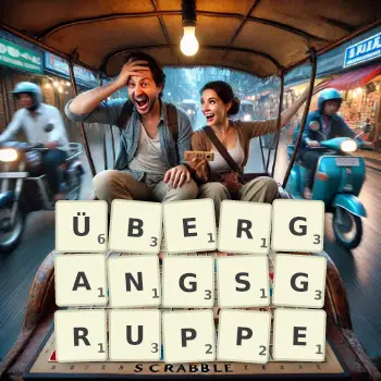 Kreative Illustration für ein Scrabble-Spiel, bei dem das Wort ÜBERGANGSGRUPPE mit Steinen auf dem Brett gelegt wurde.