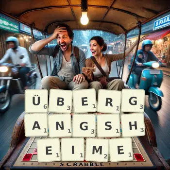 Kreative Illustration für ein Scrabble-Spiel, bei dem das Wort ÜBERGANGSHEIME mit Steinen auf dem Brett gelegt wurde.