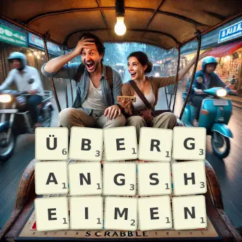Kreative Illustration für ein Scrabble-Spiel, bei dem das Wort ÜBERGANGSHEIMEN mit Steinen auf dem Brett gelegt wurde.