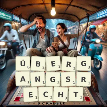 Kreative Illustration für ein Scrabble-Spiel, bei dem das Wort ÜBERGANGSRECHT mit Steinen auf dem Brett gelegt wurde.
