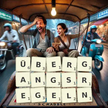 Kreative Illustration für ein Scrabble-Spiel, bei dem das Wort ÜBERGANGSREGELN mit Steinen auf dem Brett gelegt wurde.