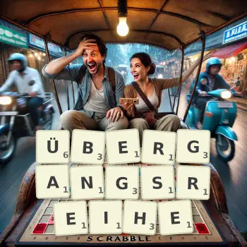 Kreative Illustration für ein Scrabble-Spiel, bei dem das Wort ÜBERGANGSREIHE mit Steinen auf dem Brett gelegt wurde.