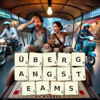 Kreative Illustration für ein Scrabble-Spiel, bei dem das Wort ÜBERGANGSTEAMS mit Steinen auf dem Brett gelegt wurde.