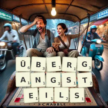 Kreative Illustration für ein Scrabble-Spiel, bei dem das Wort ÜBERGANGSTEILS mit Steinen auf dem Brett gelegt wurde.