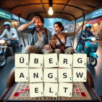 Kreative Illustration für ein Scrabble-Spiel, bei dem das Wort ÜBERGANGSWELT mit Steinen auf dem Brett gelegt wurde.