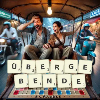 Kreative Illustration für ein Scrabble-Spiel, bei dem das Wort ÜBERGEBENDE mit Steinen auf dem Brett gelegt wurde.