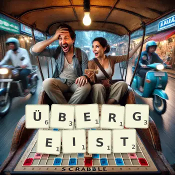 Kreative Illustration für ein Scrabble-Spiel, bei dem das Wort ÜBERGEIST mit Steinen auf dem Brett gelegt wurde.