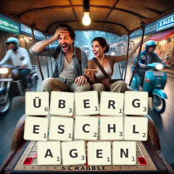 Kreative Illustration für ein Scrabble-Spiel, bei dem das Wort ÜBERGESCHLAGEN mit Steinen auf dem Brett gelegt wurde.
