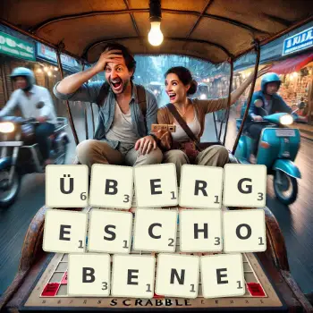 Kreative Illustration für ein Scrabble-Spiel, bei dem das Wort ÜBERGESCHOBENE mit Steinen auf dem Brett gelegt wurde.