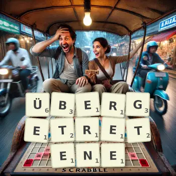 Kreative Illustration für ein Scrabble-Spiel, bei dem das Wort ÜBERGETRETENE mit Steinen auf dem Brett gelegt wurde.