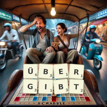 Kreative Illustration für ein Scrabble-Spiel, bei dem das Wort ÜBERGIBT mit Steinen auf dem Brett gelegt wurde.