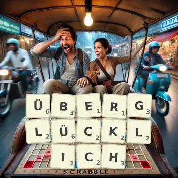 Kreative Illustration für ein Scrabble-Spiel, bei dem das Wort ÜBERGLÜCKLICH mit Steinen auf dem Brett gelegt wurde.
