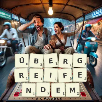 Kreative Illustration für ein Scrabble-Spiel, bei dem das Wort ÜBERGREIFENDEM mit Steinen auf dem Brett gelegt wurde.