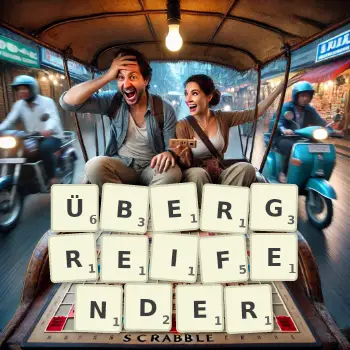 Kreative Illustration für ein Scrabble-Spiel, bei dem das Wort ÜBERGREIFENDER mit Steinen auf dem Brett gelegt wurde.