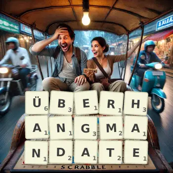 Kreative Illustration für ein Scrabble-Spiel, bei dem das Wort ÜBERHANGMANDATE mit Steinen auf dem Brett gelegt wurde.