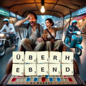 Kreative Illustration für ein Scrabble-Spiel, bei dem das Wort ÜBERHEBEND mit Steinen auf dem Brett gelegt wurde.