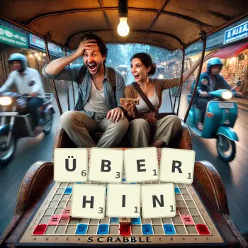 Kreative Illustration für ein Scrabble-Spiel, bei dem das Wort ÜBERHIN mit Steinen auf dem Brett gelegt wurde.
