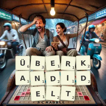 Kreative Illustration für ein Scrabble-Spiel, bei dem das Wort ÜBERKANDIDELT mit Steinen auf dem Brett gelegt wurde.