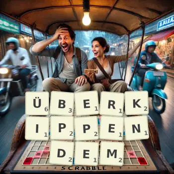 Kreative Illustration für ein Scrabble-Spiel, bei dem das Wort ÜBERKIPPENDEM mit Steinen auf dem Brett gelegt wurde.