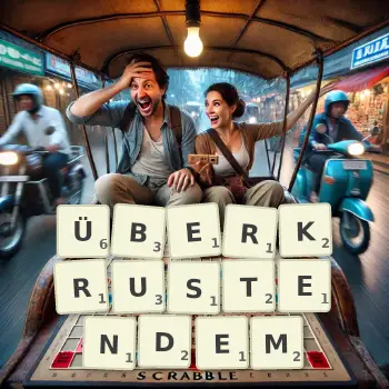 Kreative Illustration für ein Scrabble-Spiel, bei dem das Wort ÜBERKRUSTENDEM mit Steinen auf dem Brett gelegt wurde.