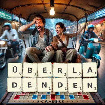 Kreative Illustration für ein Scrabble-Spiel, bei dem das Wort ÜBERLADENDEN mit Steinen auf dem Brett gelegt wurde.
