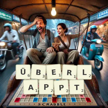 Kreative Illustration für ein Scrabble-Spiel, bei dem das Wort ÜBERLAPPT mit Steinen auf dem Brett gelegt wurde.