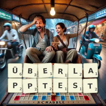 Kreative Illustration für ein Scrabble-Spiel, bei dem das Wort ÜBERLAPPTEST mit Steinen auf dem Brett gelegt wurde.