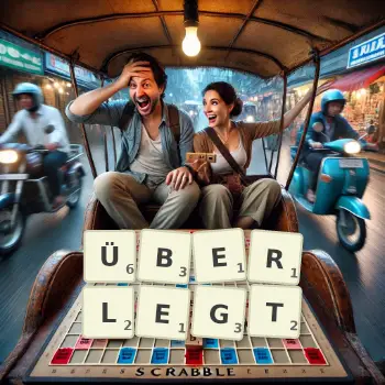 Kreative Illustration für ein Scrabble-Spiel, bei dem das Wort ÜBERLEGT mit Steinen auf dem Brett gelegt wurde.