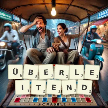 Kreative Illustration für ein Scrabble-Spiel, bei dem das Wort ÜBERLEITEND mit Steinen auf dem Brett gelegt wurde.
