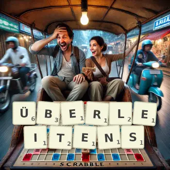 Kreative Illustration für ein Scrabble-Spiel, bei dem das Wort ÜBERLEITENS mit Steinen auf dem Brett gelegt wurde.