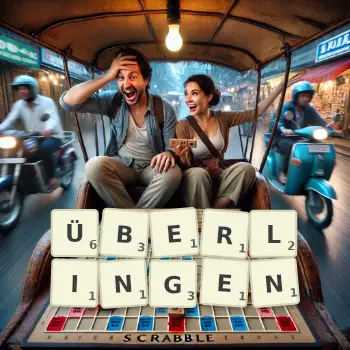Kreative Illustration für ein Scrabble-Spiel, bei dem das Wort ÜBERLINGEN mit Steinen auf dem Brett gelegt wurde.