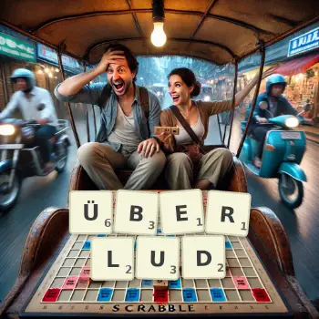Kreative Illustration für ein Scrabble-Spiel, bei dem das Wort ÜBERLUD mit Steinen auf dem Brett gelegt wurde.