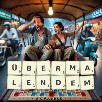 Kreative Illustration für ein Scrabble-Spiel, bei dem das Wort ÜBERMALENDEM mit Steinen auf dem Brett gelegt wurde.