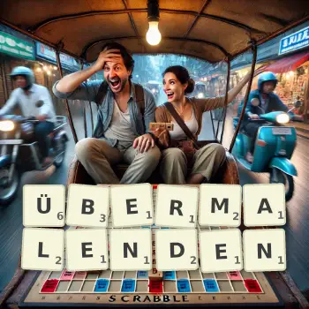 Kreative Illustration für ein Scrabble-Spiel, bei dem das Wort ÜBERMALENDEN mit Steinen auf dem Brett gelegt wurde.